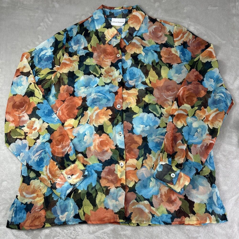 Alfred Dunner 12 Button Front Sheer Floral Shirt Top Blouse Lightweight Layering